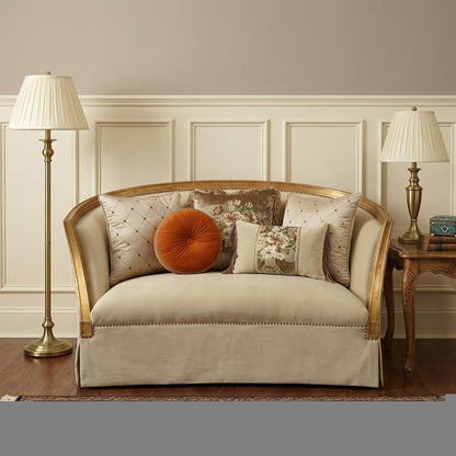 70" Tan And Gold Curved Loveseat and Toss Pillows HomeRoots