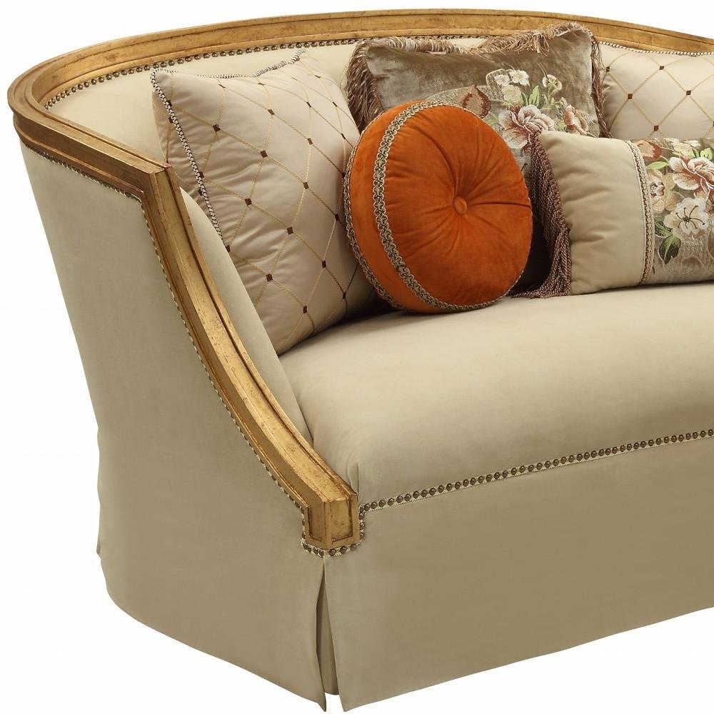 70" Tan And Gold Curved Loveseat and Toss Pillows HomeRoots