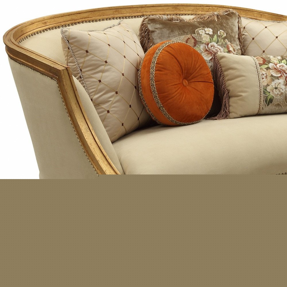 70" Tan And Gold Curved Loveseat and Toss Pillows HomeRoots