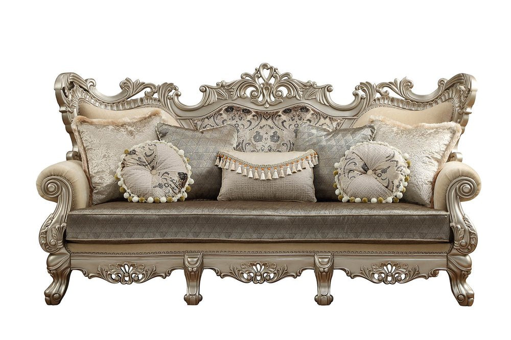 41" Champagne Cotton Blend Curved Floral Sofa And Toss Pillows HomeRoots
