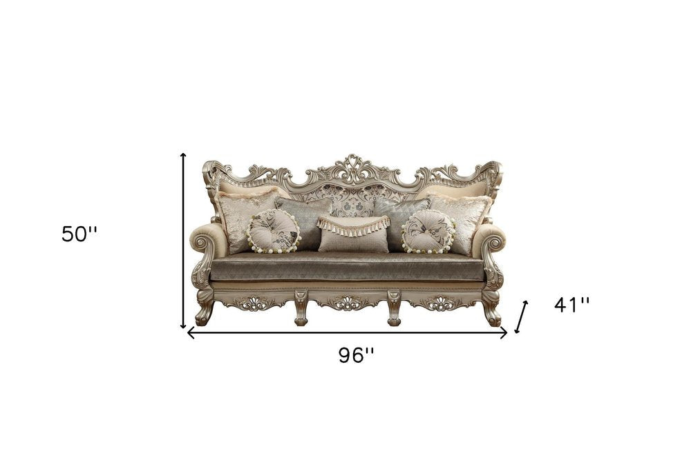 41" Champagne Cotton Blend Curved Floral Sofa And Toss Pillows HomeRoots
