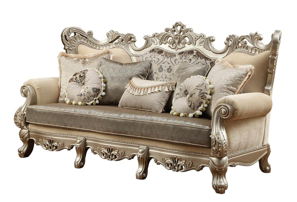 41" Champagne Cotton Blend Curved Floral Sofa And Toss Pillows HomeRoots