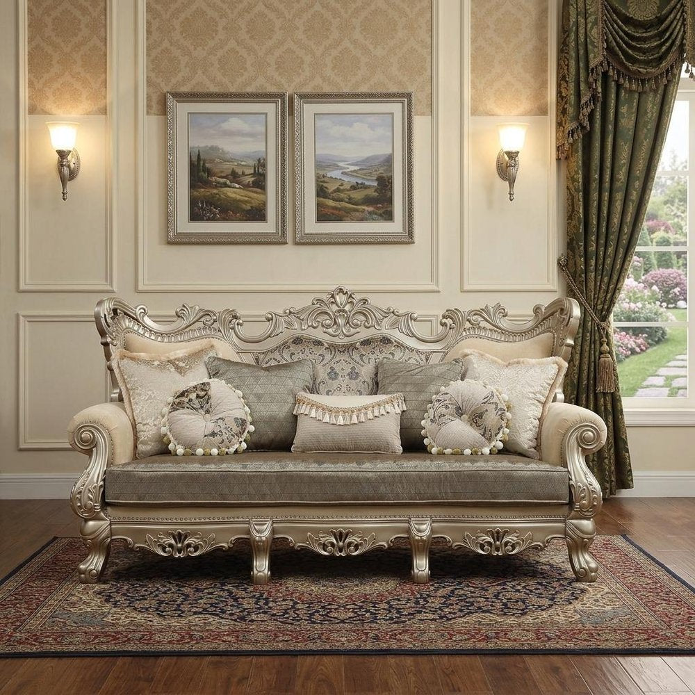 41" Champagne Cotton Blend Curved Floral Sofa And Toss Pillows HomeRoots
