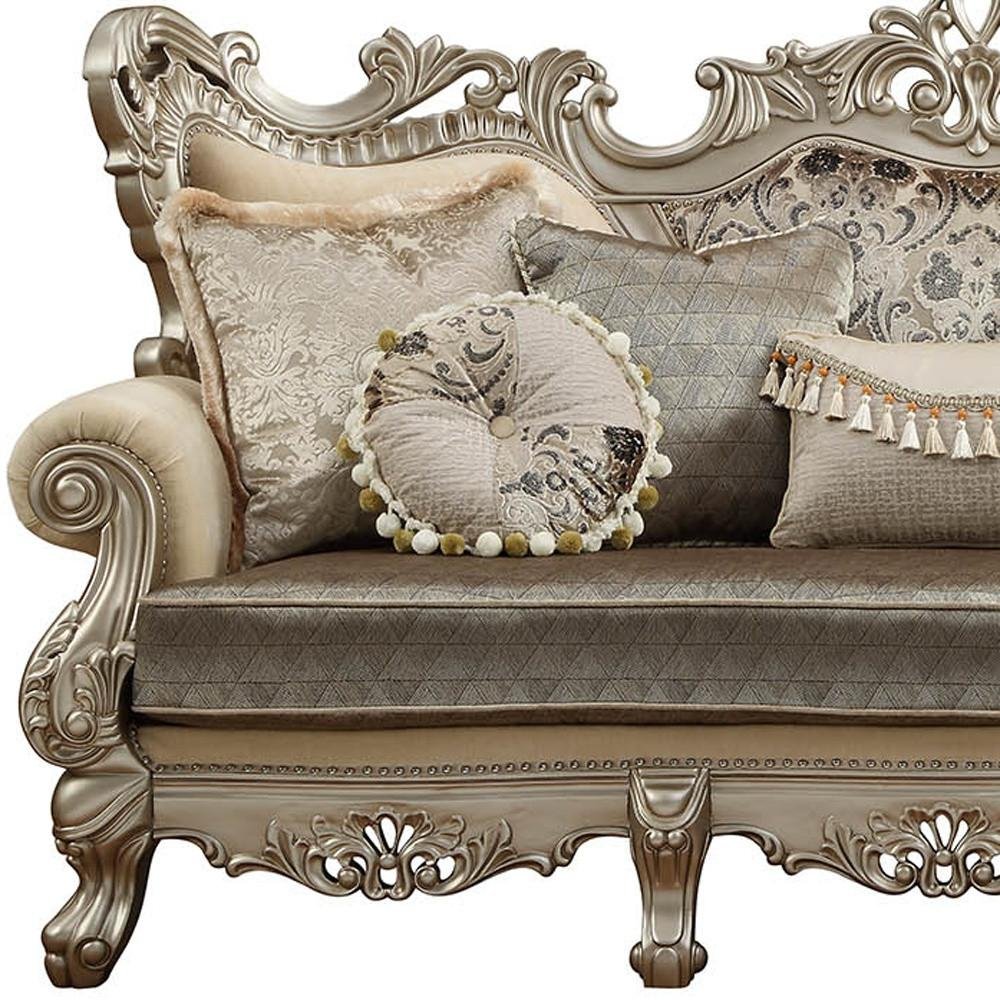 41" Champagne Cotton Blend Curved Floral Sofa And Toss Pillows HomeRoots
