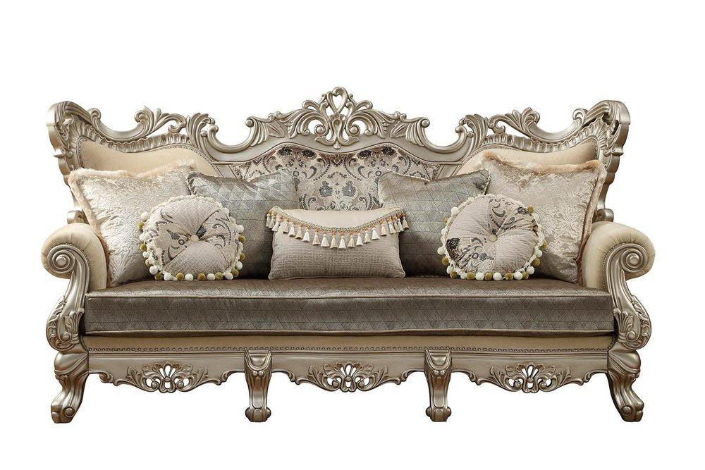 41" Champagne Cotton Blend Curved Floral Sofa And Toss Pillows HomeRoots