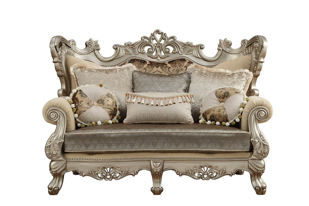 72" Cream And Platinum Damask Chesterfield Loveseat and Toss Pillows HomeRoots