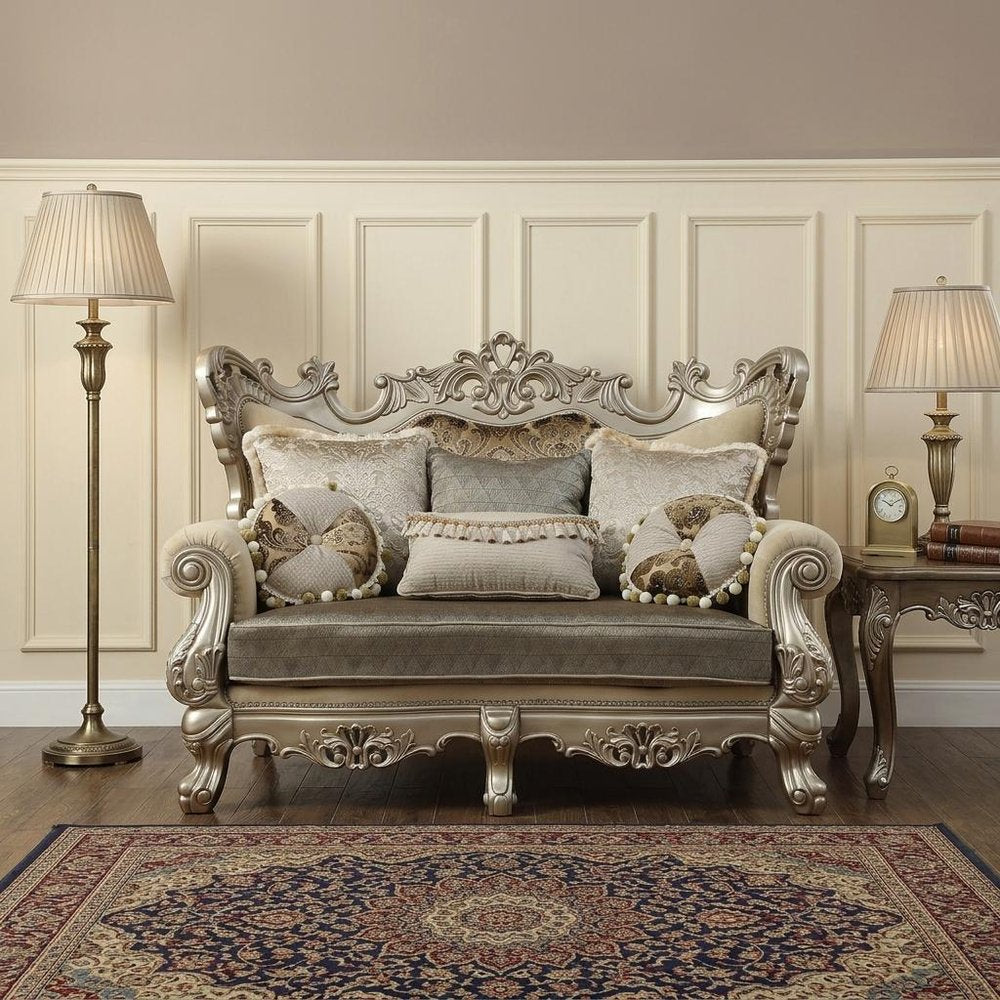 72" Cream And Platinum Damask Chesterfield Loveseat and Toss Pillows HomeRoots