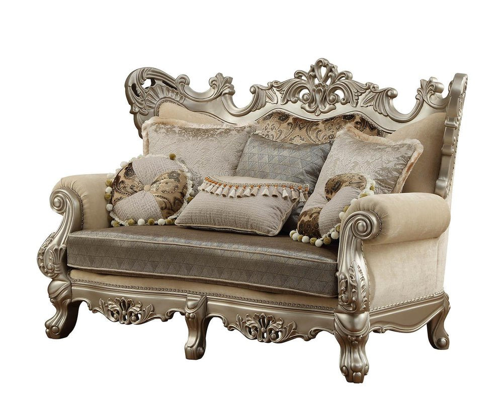 72" Cream And Platinum Damask Chesterfield Loveseat and Toss Pillows HomeRoots