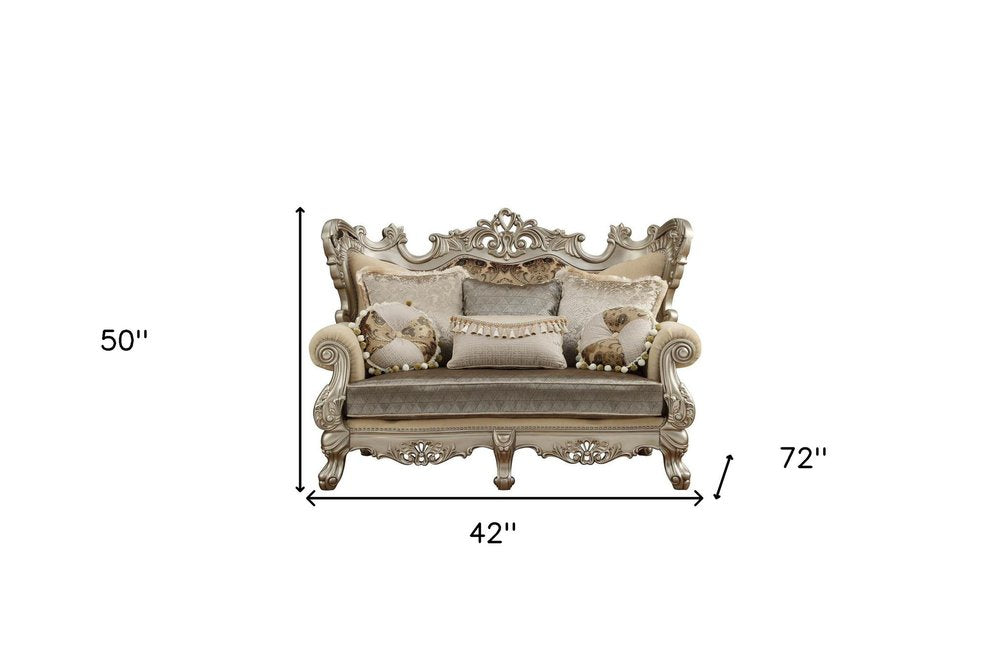 72" Cream And Platinum Damask Chesterfield Loveseat and Toss Pillows HomeRoots