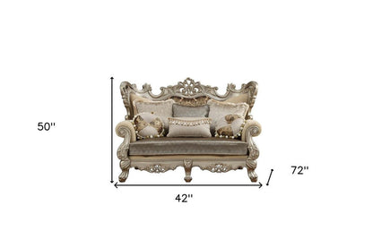 72" Cream And Platinum Damask Chesterfield Loveseat and Toss Pillows HomeRoots