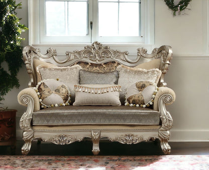 72" Cream And Platinum Polyester Blend Damask Chesterfield Loveseat and Toss Pillows