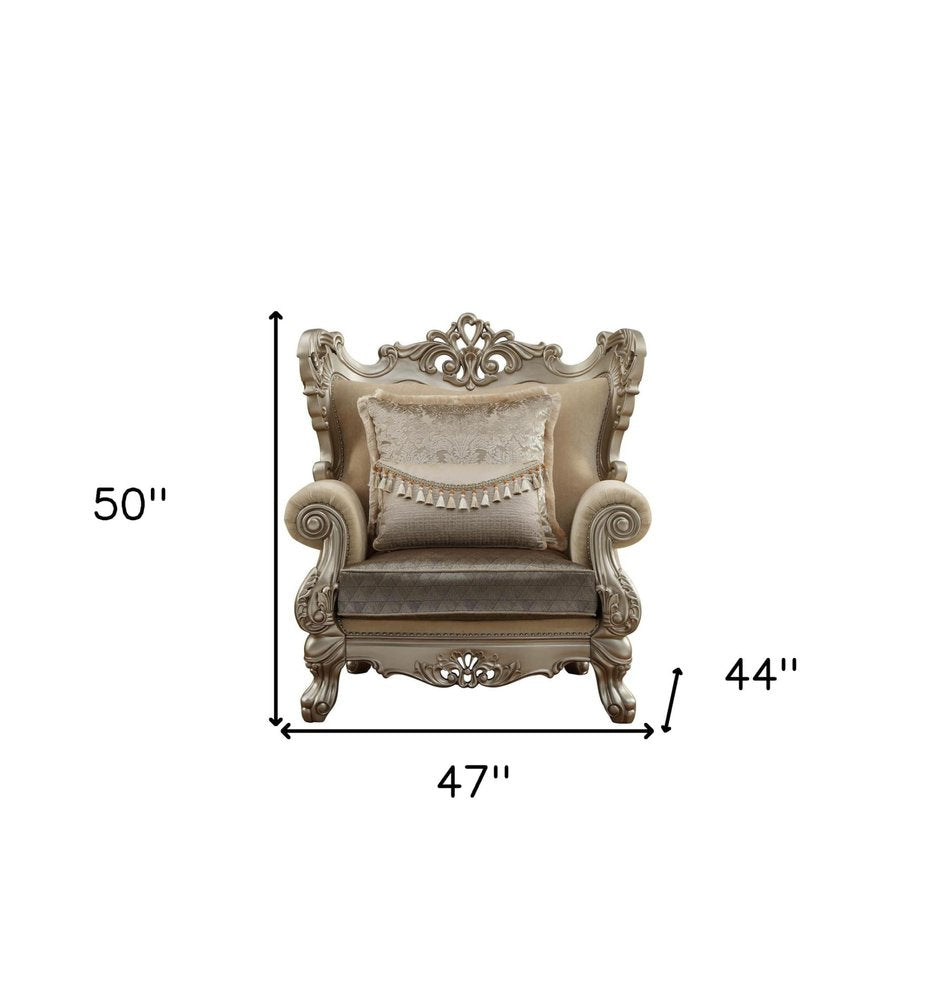 47" Beige Green and Champagne Fabric Geometric Arm Chair And Toss Pillow HomeRoots