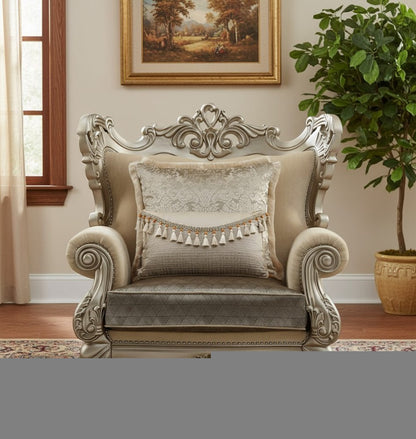47" Beige Green and Champagne Fabric Geometric Arm Chair And Toss Pillow HomeRoots