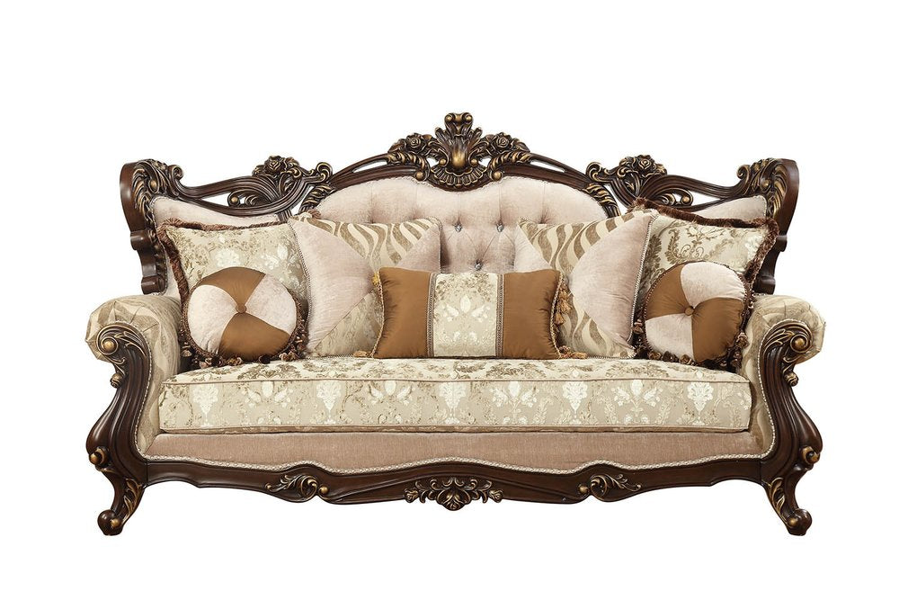 42" Beige Polyester Blend Curved Damask Sofa And Toss Pillows With Brown Legs HomeRoots
