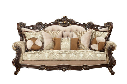 42" Beige Polyester Blend Curved Damask Sofa And Toss Pillows With Brown Legs HomeRoots
