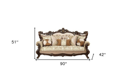 42" Beige Polyester Blend Curved Damask Sofa And Toss Pillows With Brown Legs HomeRoots