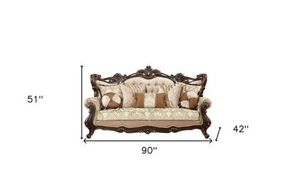 42" Beige Polyester Blend Curved Damask Sofa And Toss Pillows With Brown Legs HomeRoots