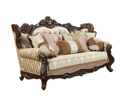 42" Beige Polyester Blend Curved Damask Sofa And Toss Pillows With Brown Legs HomeRoots