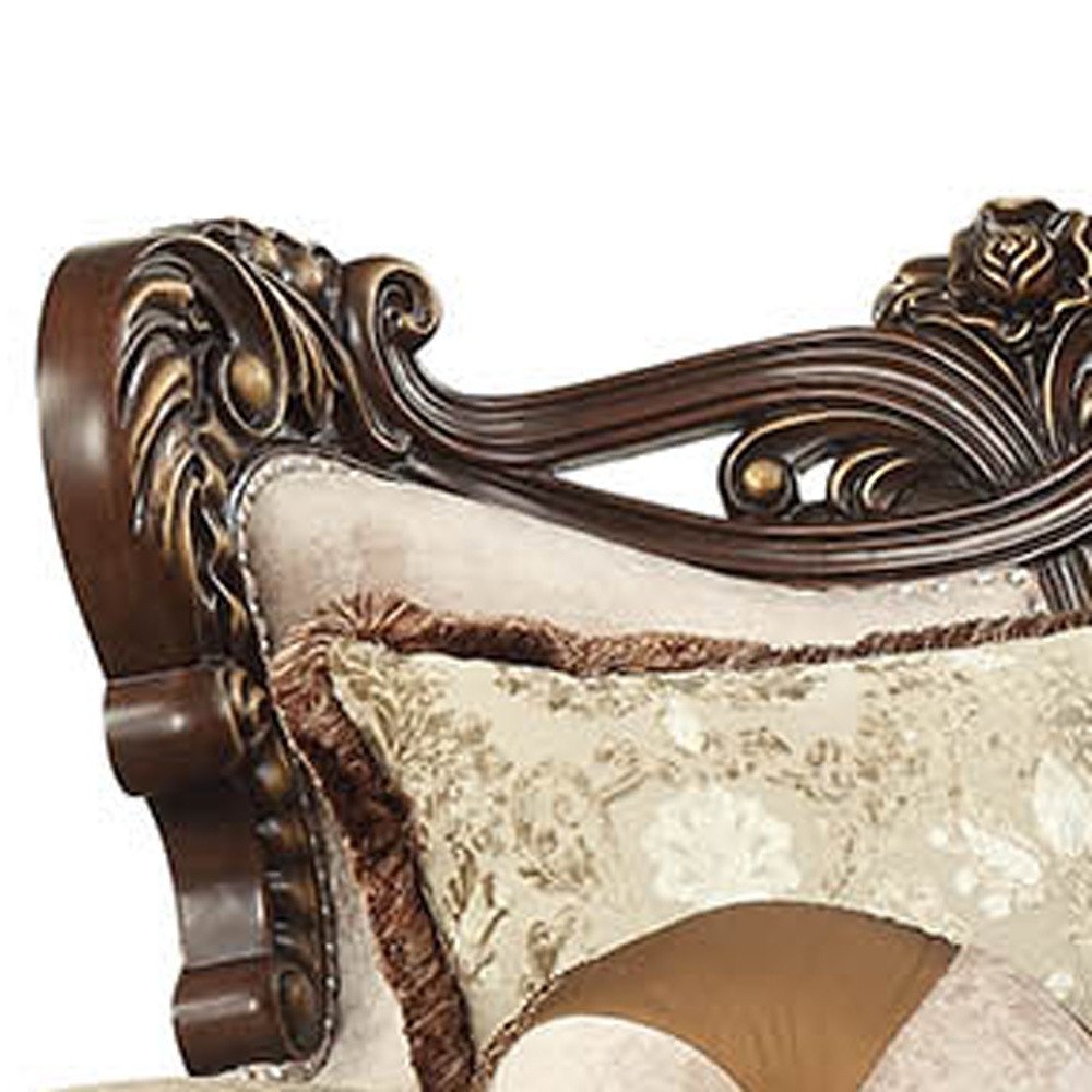 42" Beige Polyester Blend Curved Damask Sofa And Toss Pillows With Brown Legs HomeRoots