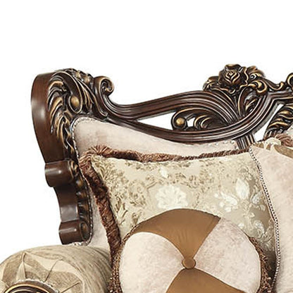 42" Beige Polyester Blend Curved Damask Sofa And Toss Pillows With Brown Legs HomeRoots