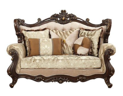 70" Beige and Brown And Brown Damask Loveseat and Toss Pillows HomeRoots