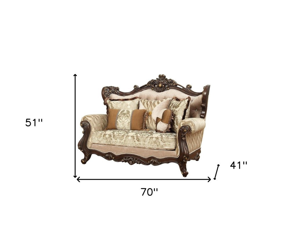 70" Beige and Brown And Brown Damask Loveseat and Toss Pillows HomeRoots