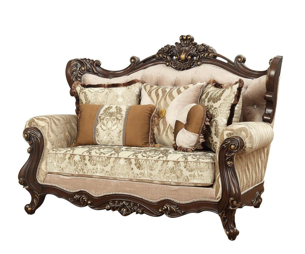 70" Beige and Brown And Brown Damask Loveseat and Toss Pillows HomeRoots