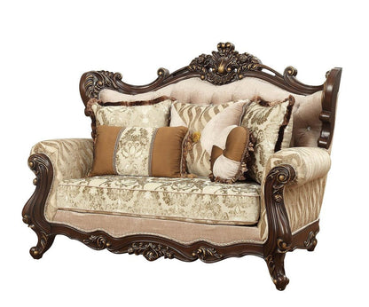 70" Beige and Brown And Brown Damask Loveseat and Toss Pillows HomeRoots