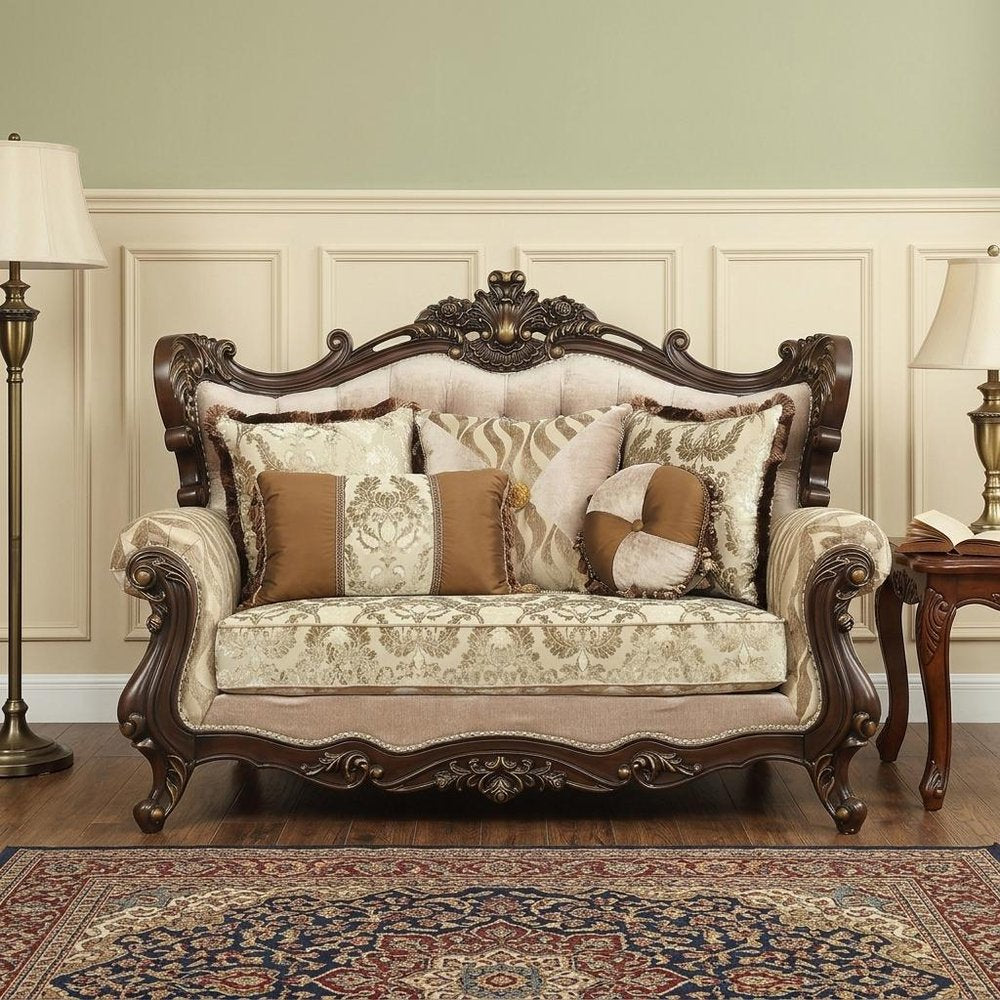 70" Beige and Brown And Brown Damask Loveseat and Toss Pillows HomeRoots
