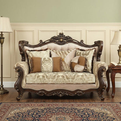 70" Beige and Brown And Brown Damask Loveseat and Toss Pillows HomeRoots
