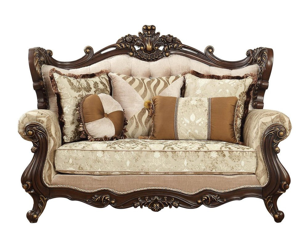 70" Beige and Brown And Brown Damask Loveseat and Toss Pillows HomeRoots