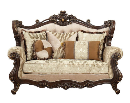 70" Beige and Brown And Brown Damask Loveseat and Toss Pillows HomeRoots