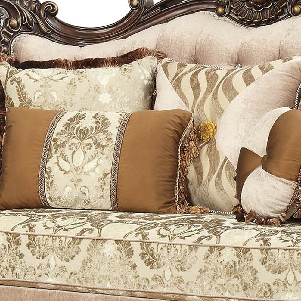 70" Beige and Brown And Brown Damask Loveseat and Toss Pillows HomeRoots