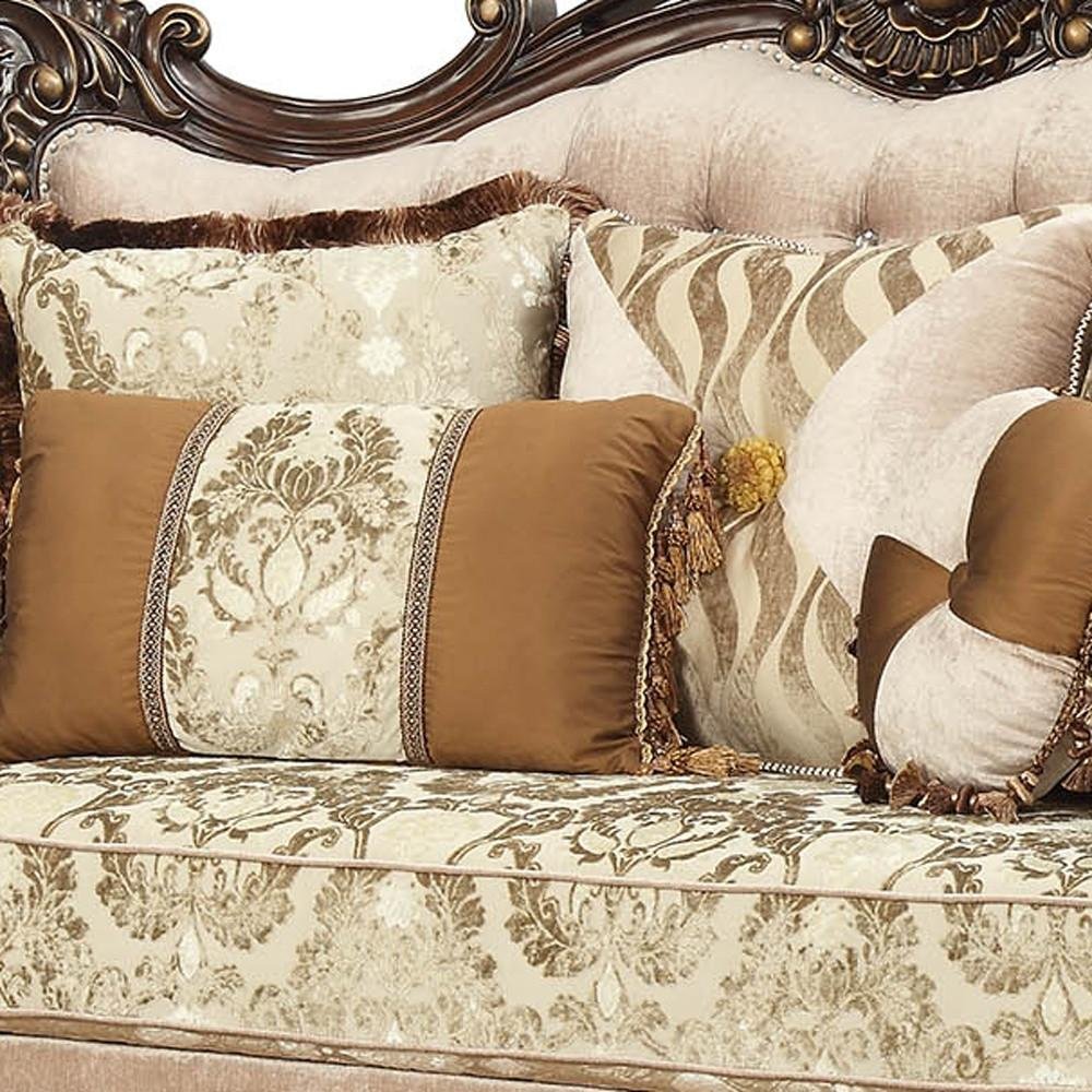 70" Beige and Brown And Brown Damask Loveseat and Toss Pillows HomeRoots