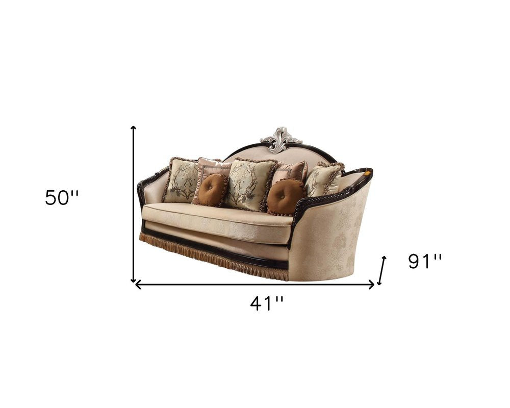 41" Tan Velvet Curved Sofa And Toss Pillows HomeRoots