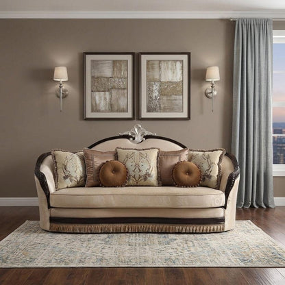 41" Tan Velvet Curved Sofa And Toss Pillows HomeRoots