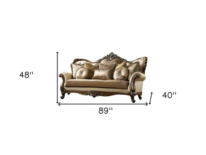 89" Tan Polyester Blend Curved Floral Sofa And Toss Pillows With Brown Legs HomeRoots