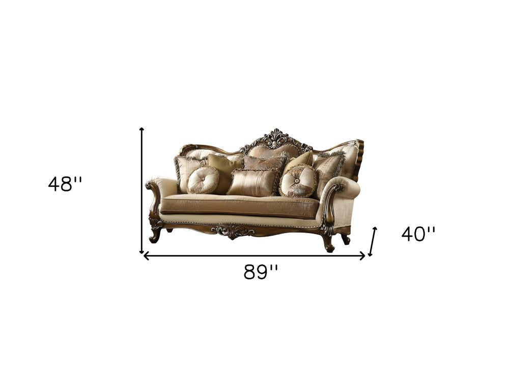 89" Tan Polyester Blend Curved Floral Sofa And Toss Pillows With Brown Legs HomeRoots