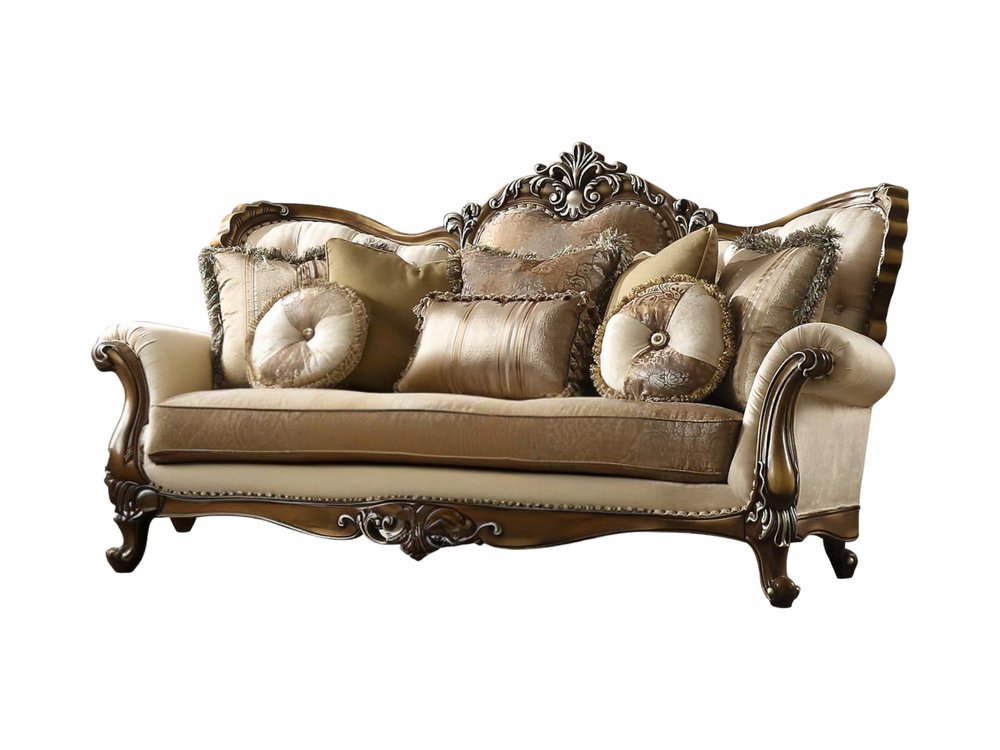 89" Tan Polyester Blend Curved Floral Sofa And Toss Pillows With Brown Legs HomeRoots