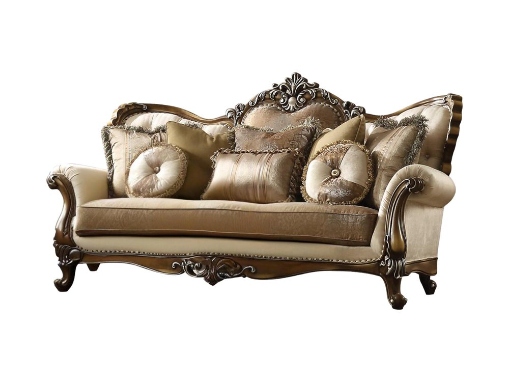 89" Tan Polyester Blend Curved Floral Sofa And Toss Pillows With Brown Legs HomeRoots