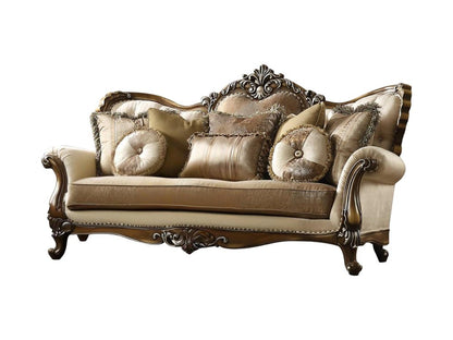 89" Tan Polyester Blend Curved Floral Sofa And Toss Pillows With Brown Legs HomeRoots