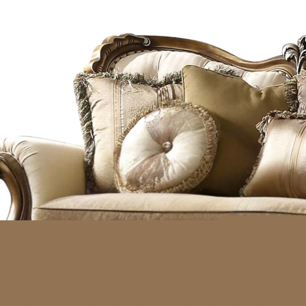 89" Tan Polyester Blend Curved Floral Sofa And Toss Pillows With Brown Legs HomeRoots