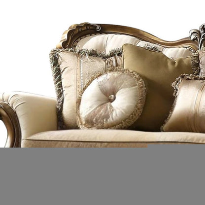 89" Tan Polyester Blend Curved Floral Sofa And Toss Pillows With Brown Legs HomeRoots