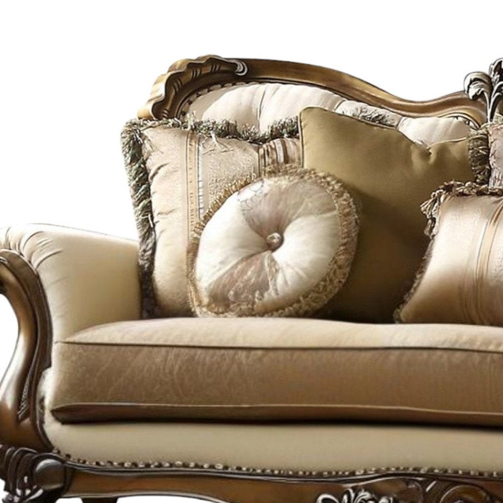 89" Tan Polyester Blend Curved Floral Sofa And Toss Pillows With Brown Legs HomeRoots