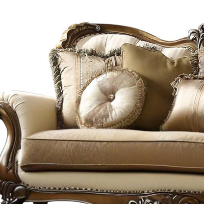 89" Tan Polyester Blend Curved Floral Sofa And Toss Pillows With Brown Legs HomeRoots
