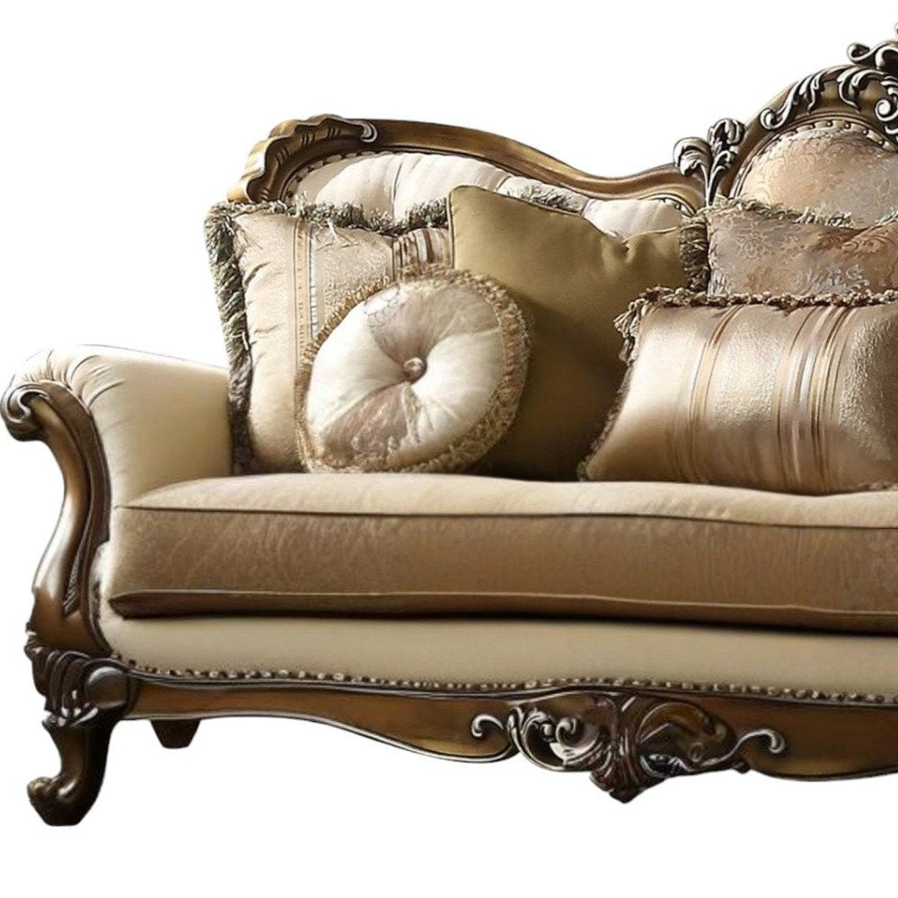 89" Tan Polyester Blend Curved Floral Sofa And Toss Pillows With Brown Legs HomeRoots