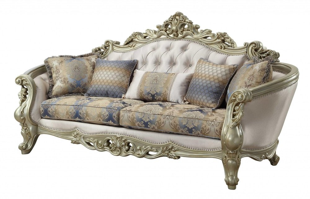 40" Antiqued White Velvet Curved Floral Sofa And Toss Pillows With Champagne Legs HomeRoots