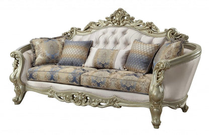 40" Antiqued White Velvet Curved Floral Sofa And Toss Pillows With Champagne Legs HomeRoots