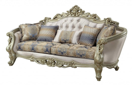 40" Antiqued White Velvet Curved Floral Sofa And Toss Pillows With Champagne Legs HomeRoots