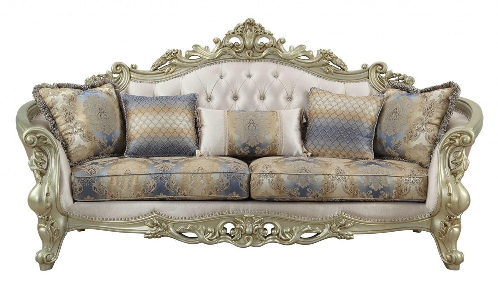 40" Antiqued White Velvet Curved Floral Sofa And Toss Pillows With Champagne Legs HomeRoots